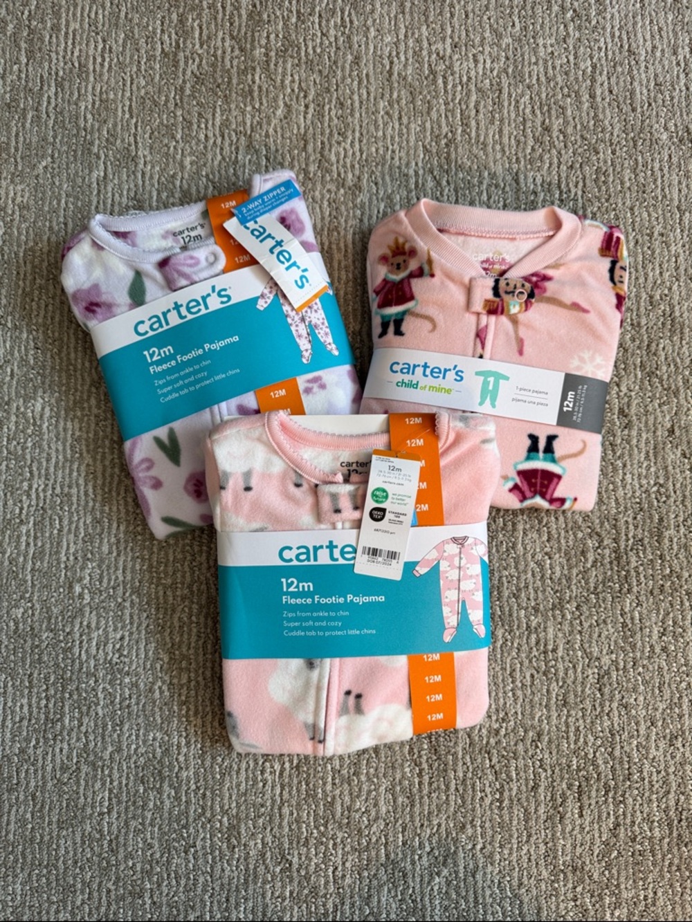 Carters Fleece Footie Pajama Set Bundle NWT Floral Pink Purple Warm Cozy 12M